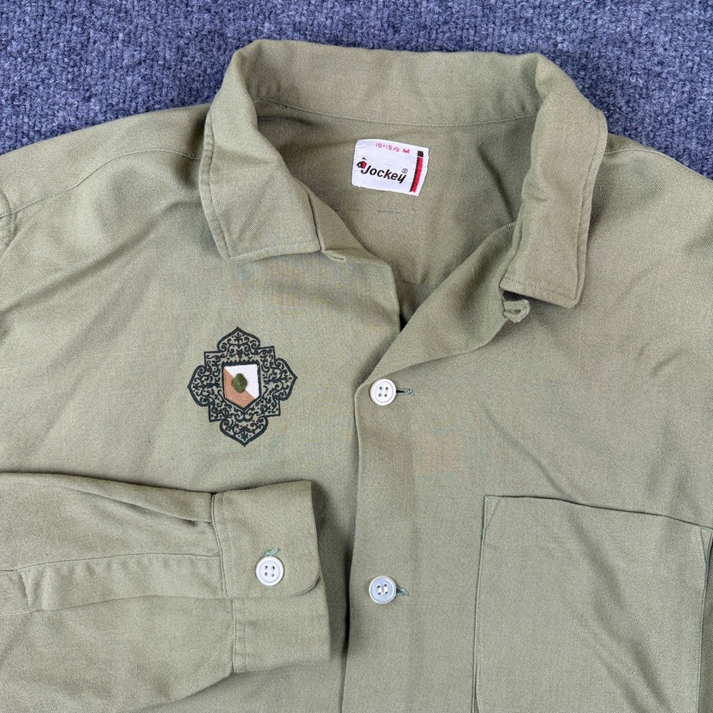 Vintage 1950s Jockey Rayon Shirt Mens M Sage Green Camp Loop Collar Rockabilly
